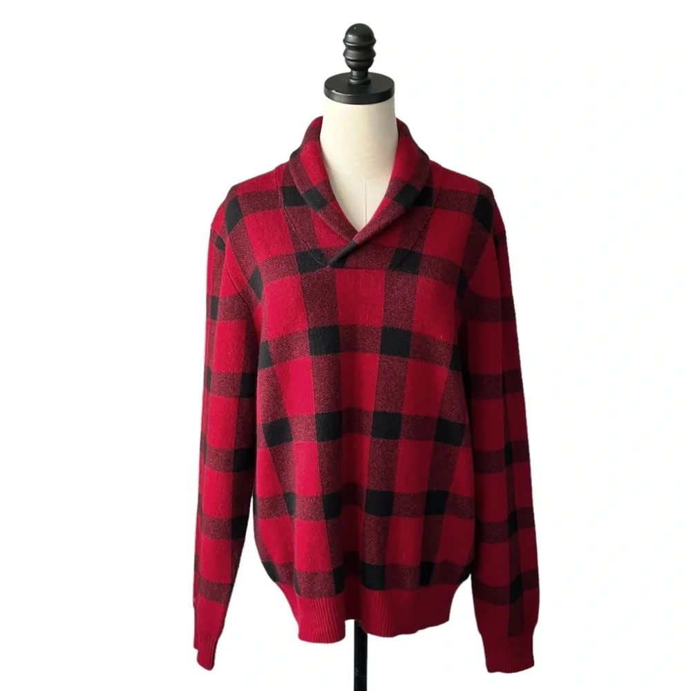 Brooks Brothers Red Fleece Plaid Merino Shawl Neck Sweater | MEDIUM NWT